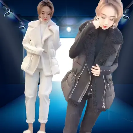 2023秋冬新款时尚翻领马夹羊羔毛拼羽绒棉保暖收腰马甲外套女坎肩图片