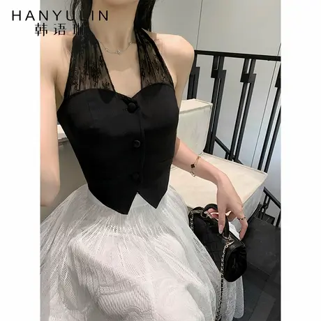 韩语琳 黑色拼接蕾丝马甲背心女夏季新款2025高级感收腰显瘦上衣图片