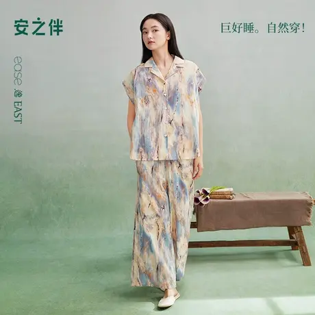 安之伴【巨凉感】睡衣女夏季2025年新款纯棉梭织连肩袖家居服套装商品大图