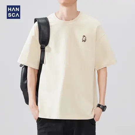 hansca 220g纯棉针织短袖T恤男2025夏季新款宽松萌宠刺绣休闲上衣商品大图