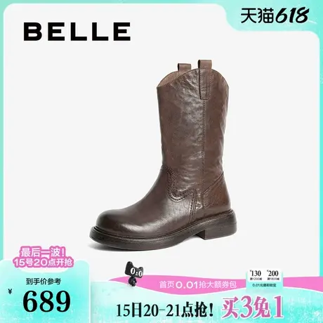 百丽复古西部牛仔靴女靴子新款冬季真皮显瘦瘦短靴B2395DG4图片