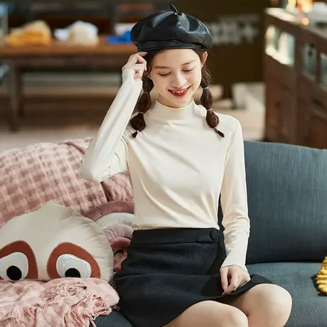 唐狮秋冬纯色打底衫女内搭黑白色长袖T恤早秋修身百搭简约ins上衣图片