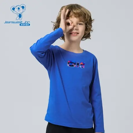 DF真维斯男童长袖T恤2023秋季新款中大童圆领字母印花打底衫商品大图