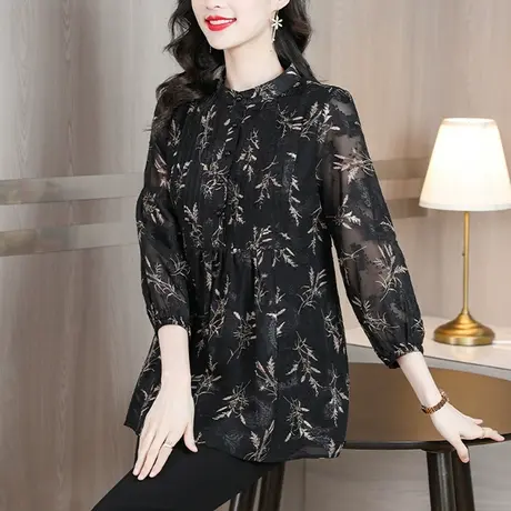 秋装女2023年新款大码女装早秋洋气减龄上衣雪纺衫长袖宽松遮肚子商品大图