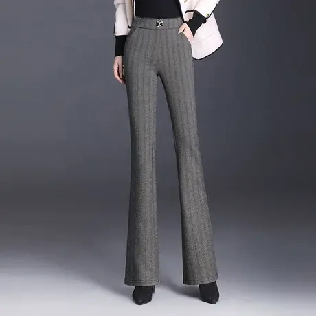 毛呢微喇裤女秋冬2023新款高腰气质通勤格纹长裤修身显瘦休闲裤子商品大图