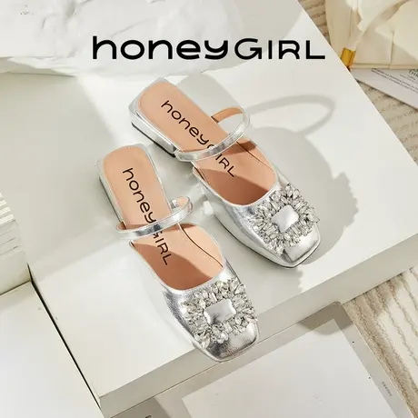 honeyGIRL包头凉拖鞋女春夏新款方头水钻晚晚一字带穆勒鞋半拖鞋图片