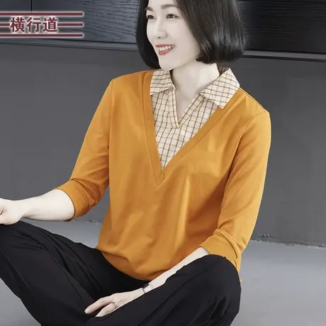 简约翻领假两件格子拼接宽松中袖T恤女大码外穿上衣2023冬季新款商品大图