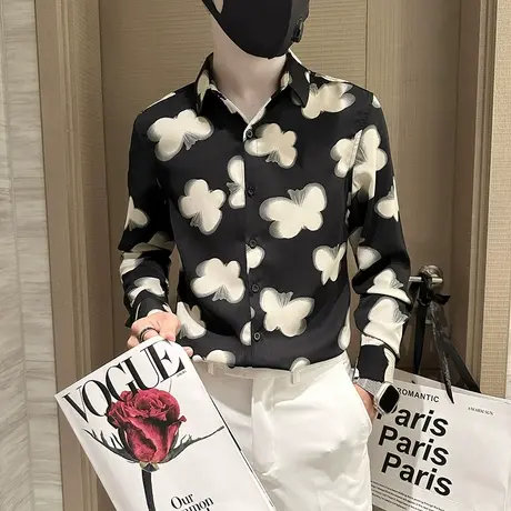 高级感长袖衬衫男春秋季ins潮牌个性蝴蝶印花发型师休闲花色衬衣商品大图