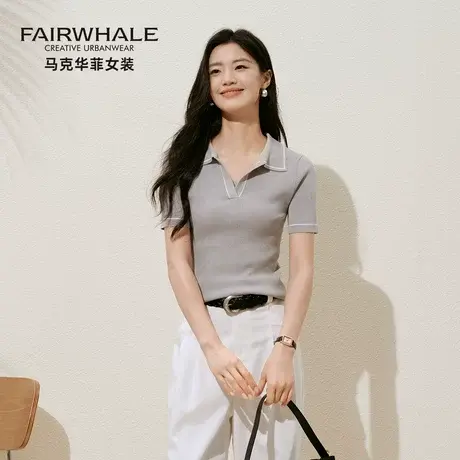 马克华菲2025夏季新款POLO领针织衫短袖女气质减龄显瘦v领上衣T恤图片