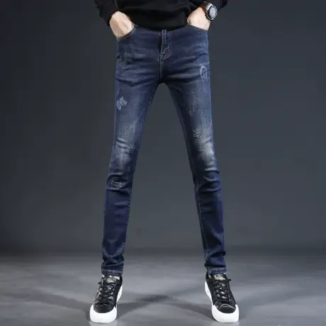 高级牛仔裤男2023秋款蓝色时尚印花修身小脚男士潮流烫印弹力长裤商品大图