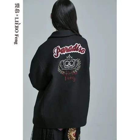 裂帛LIEBOFeng复古设计感一粒扣时髦宽松慵懒风黑色短款毛呢外套图片