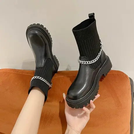 链条厚底马丁靴女潮ins酷2023夏季新款春秋单英伦风弹力袜子短靴图片