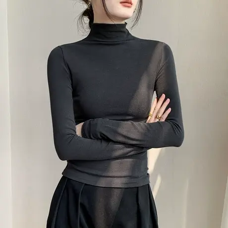 半高领磨毛长袖T恤女2025秋冬季新款修身显瘦西装内搭抓绒打底衫图片