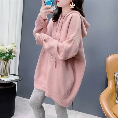 中长款纯色连帽套头毛衣女秋冬2024新款宽松慵懒百搭休闲外套上衣商品大图