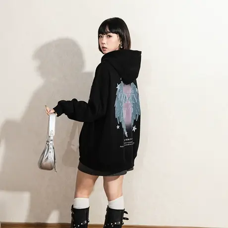 YEP复古黑色印花连帽卫衣女春秋加厚帽衫宽松2025年新款外套加绒商品大图