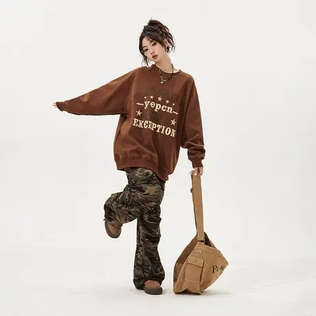 YEP美式复古无帽卫衣女加绒加厚2023新款秋冬款宽松套头外套上衣商品大图