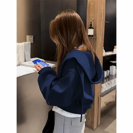 韩版短款卫衣女秋季2025新款小个子藏蓝色连帽慵懒风宽松长袖外套商品大图