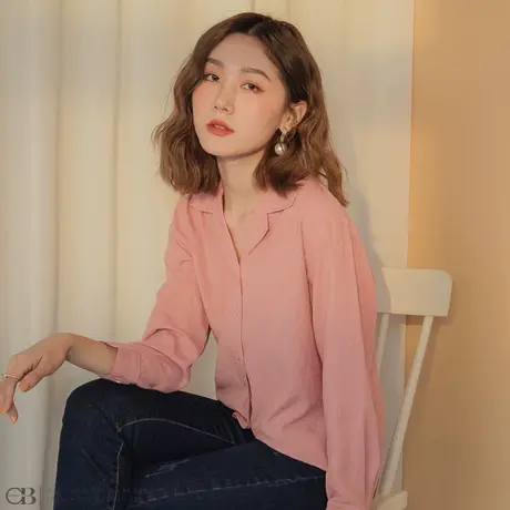 桔熊春秋季通勤OL风舒适西装领宽松长袖衬衫上衣女士大码AB10900商品大图