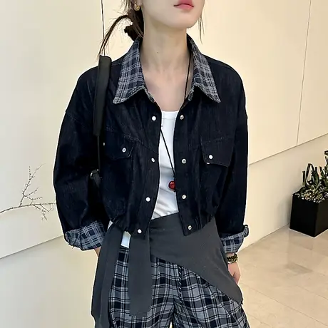 休闲牛仔短外套女2025秋新款气质翻领格子拼接单排扣夹克宽松上衣商品大图