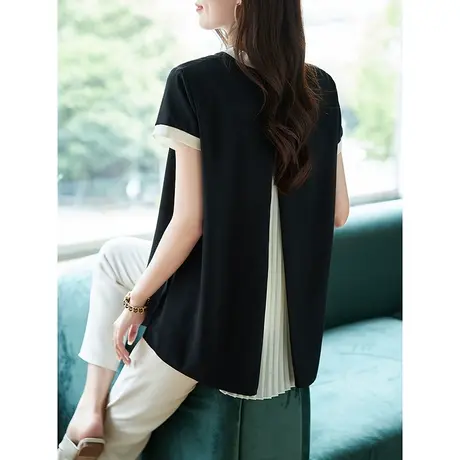 宝诗黎圆领百褶拼接短袖T恤女夏季2023年新款时尚宽松设计感上衣图片