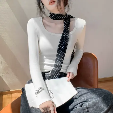 歌倍尚方领简约内搭长袖T恤女2025秋季新款修身显瘦正肩纯色上衣商品大图