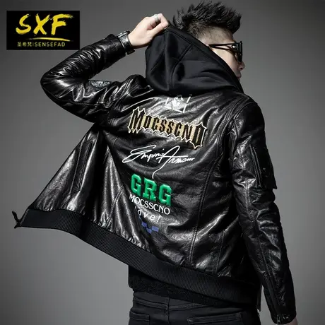 SXF圣希梵皮衣外套男 海宁夹棉加厚冬季连帽刺绣夹克男士真皮皮衣商品大图