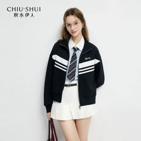 【CC家居控】茧型立领撞色卫衣春季女休闲运动风黑色外套商品大图