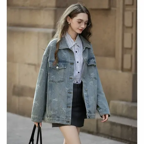唐狮新款秋季女薄外套百搭高级感甜酷风女蝴蝶结满印牛仔外套tuTA图片