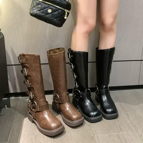 2023复古擦色粗跟西部靴朋克风机车靴潮miu家不过膝高筒骑士靴女商品大图