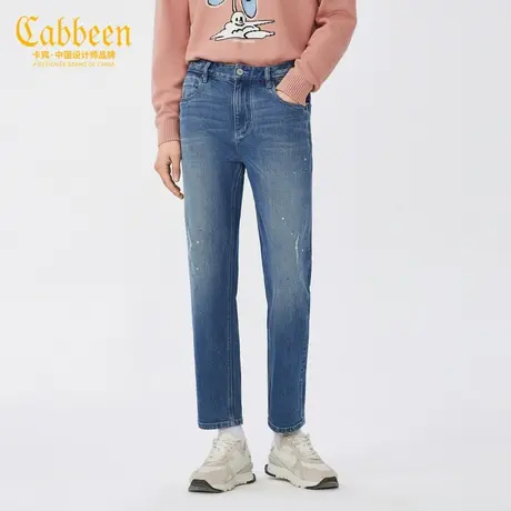 卡宾男装泼墨印花牛仔裤潮流修身小脚裤破洞J商品大图