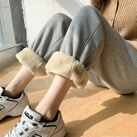 羊羔绒运动裤女冬季加绒加厚保暖棉裤宽松休闲裤子哈伦裤束脚卫裤图片