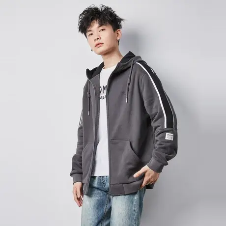 唐狮春季新款男外套针织外套连帽宽松拼色开衫针织夹克潮流商品大图