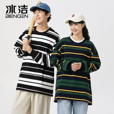 冰洁圆领条纹长袖T恤男士秋冬款百搭美式复古卫衣宽松情侣款BYBL商品大图