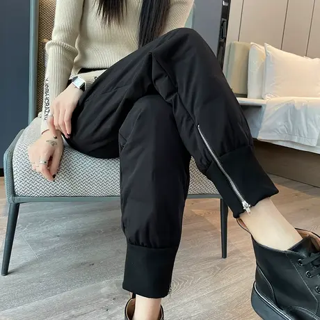 工装羽绒裤女冬季2023新款小个子加绒加厚高腰束脚黑色休闲哈伦裤图片