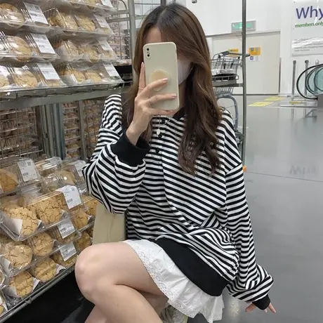 日系港风条纹长袖卫衣女秋季韩版百搭宽松慵懒风圆领套头上衣外套商品大图