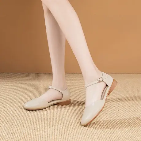 平底鞋新款包头凉鞋女真皮四季鞋圆头罗马鞋一字扣大码中空单鞋子商品大图