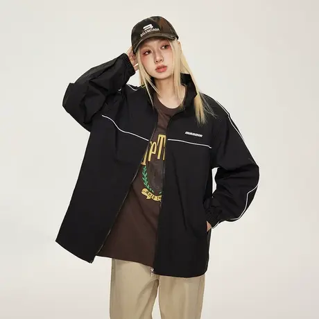 美式复古立领冲锋衣女2023新款潮牌教练夹克宽松oversize运动外套图片