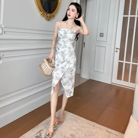 优雅温柔风印花吊带包臀裙新款气质修身遮肉褶皱不规则开叉连衣裙商品大图