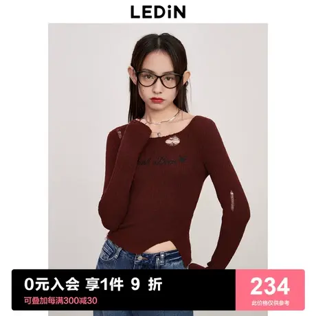 乐町修身破洞针织衫2023年冬季新款修身朋克少女风慵懒舒适打底衫商品大图
