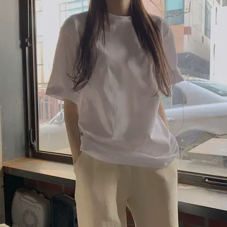 2023年春夏季新款纯色女装设计感小众上衣服宽松白色短袖t恤ins潮图片