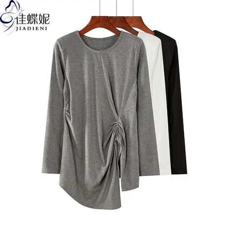秋季新款韩版圆领纯棉宽松纯色中长款开叉褶皱长袖体恤上衣女装商品大图