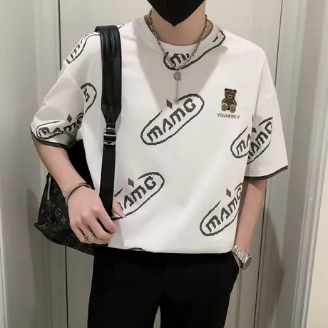 夏季男士打底衫短袖宽松花色满印时尚印花字母半袖潮流潮牌体恤商品大图
