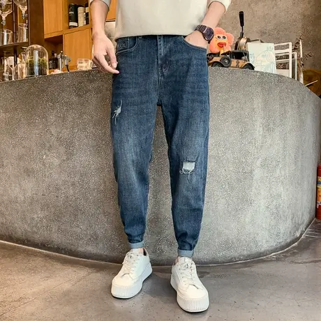 2023秋装重磅潮牌春秋季弹力修身牛仔裤男网红水洗破洞小脚哈伦裤商品大图