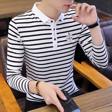 2023新款春季男士长袖t恤polo衫翻领纯棉潮条纹青年打底衫上衣服商品大图
