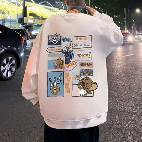 卡通加绒卫衣男春秋季新款港风国潮圆领嘻哈男生宽松无帽外套加厚商品大图