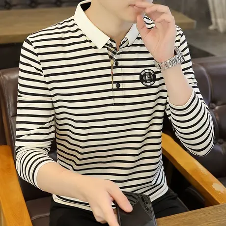 男士长袖t恤V领纯棉夏装2023潮流Polo衫纯棉翻领条纹上衣秋衣男装商品大图