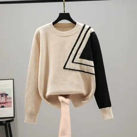 2023春秋新款韩版宽松圆领长袖拼色针织衫套头毛衣女士百搭打底衫商品大图