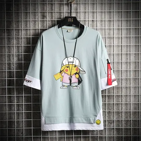 假两件短袖t恤男潮夏装青少年中袖高中初中学生潮流纯棉体桖半袖商品大图