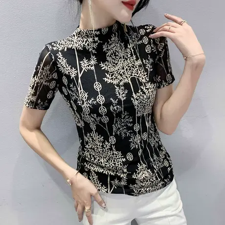 2023新款时尚印花网纱上衣女短袖内搭半高领打底衫修身T恤女ins潮商品大图