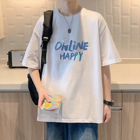 短袖t恤男夏季新款宽松圆领休闲打底衫2025潮流字母印花汗衫棉款商品大图